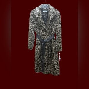 Calvin Klein Animal Print Faux Fur Coat with Brown Leatherette  Belt